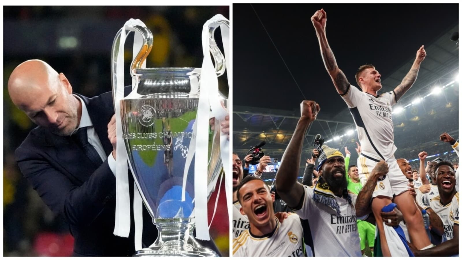 Zinedine Zidane brings out Actual Madrid's fifteenth Champions League trophy; Toni Kroos lifted aloft in farewell sport